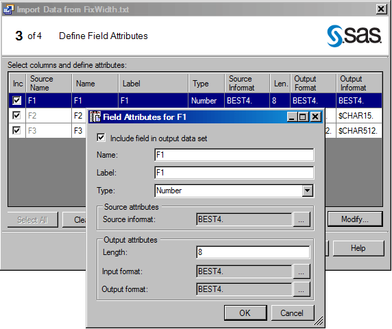 Define Field Attributes page