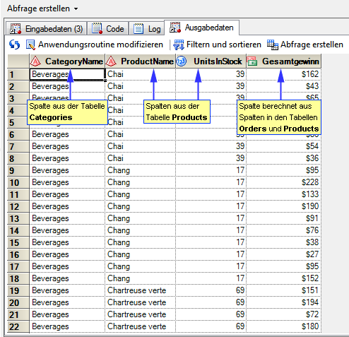 Abfrageausgabe mit Spalten aus kombinierten Tabellen