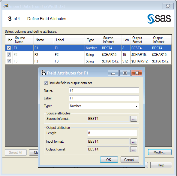 Define Field Attributes page