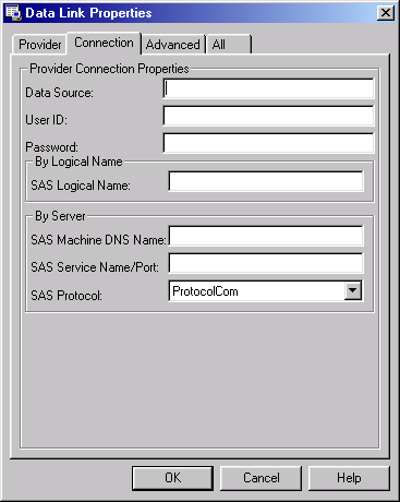 The Connection tab in the Data Link Properties dialog box, displaying the customized connection information required for use with the IOM Data Provider.
