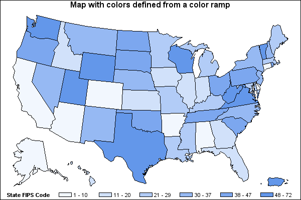 Map with areas colored by a color ramp