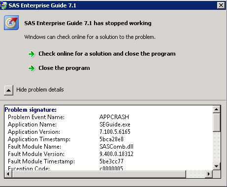 SAS Enterprise Guide exception details