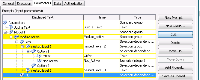 Stored process with nested selection groups