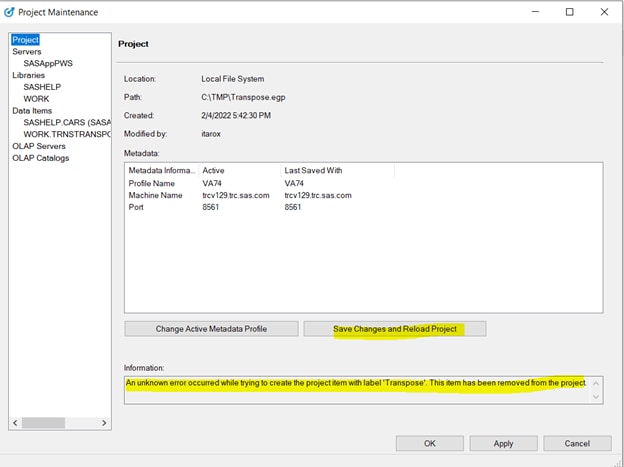 error occurs when you click save changes and reload project