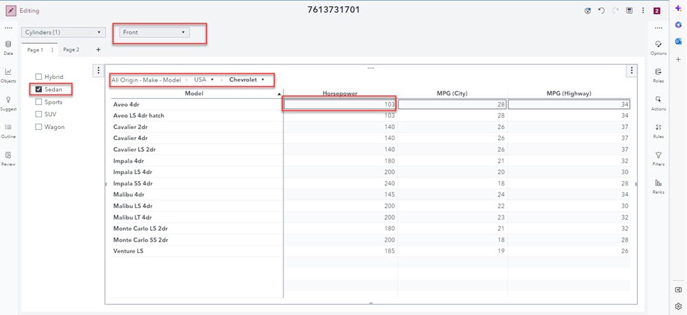 Example crosstab table with filters and hierarchy