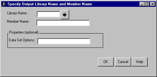 Specify Output Library Name and Member Name Window