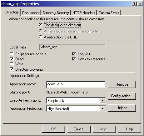 Virtual directory properties showing High (Isolated) application protection
