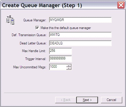 Create Queue Manager, step 1
