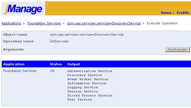 jManage JMX console: Listing of services registered with the Discovery Service