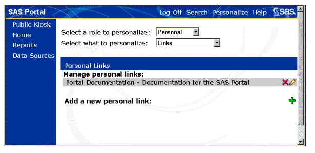Manage personal links window
