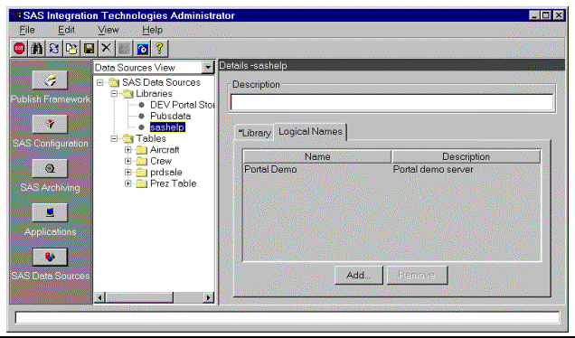 IT Administrator window; library details, Logical Names tab