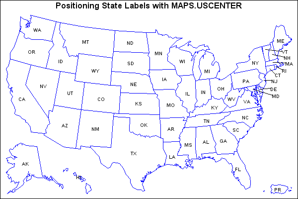 Map United States No Labels Sample 25558 - Label the states on a U.S. map using PROC GMAP View Code